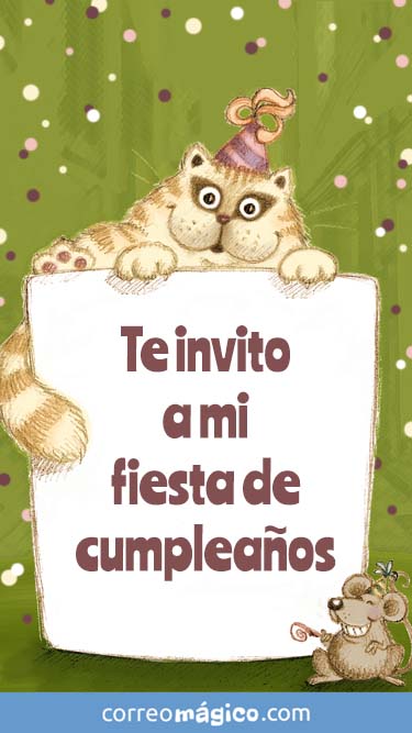 Tarjeta de Invitacion a fiesta de Cumpleaños gato dibujado para whatsapp para enviar desde tu celular o computadora
