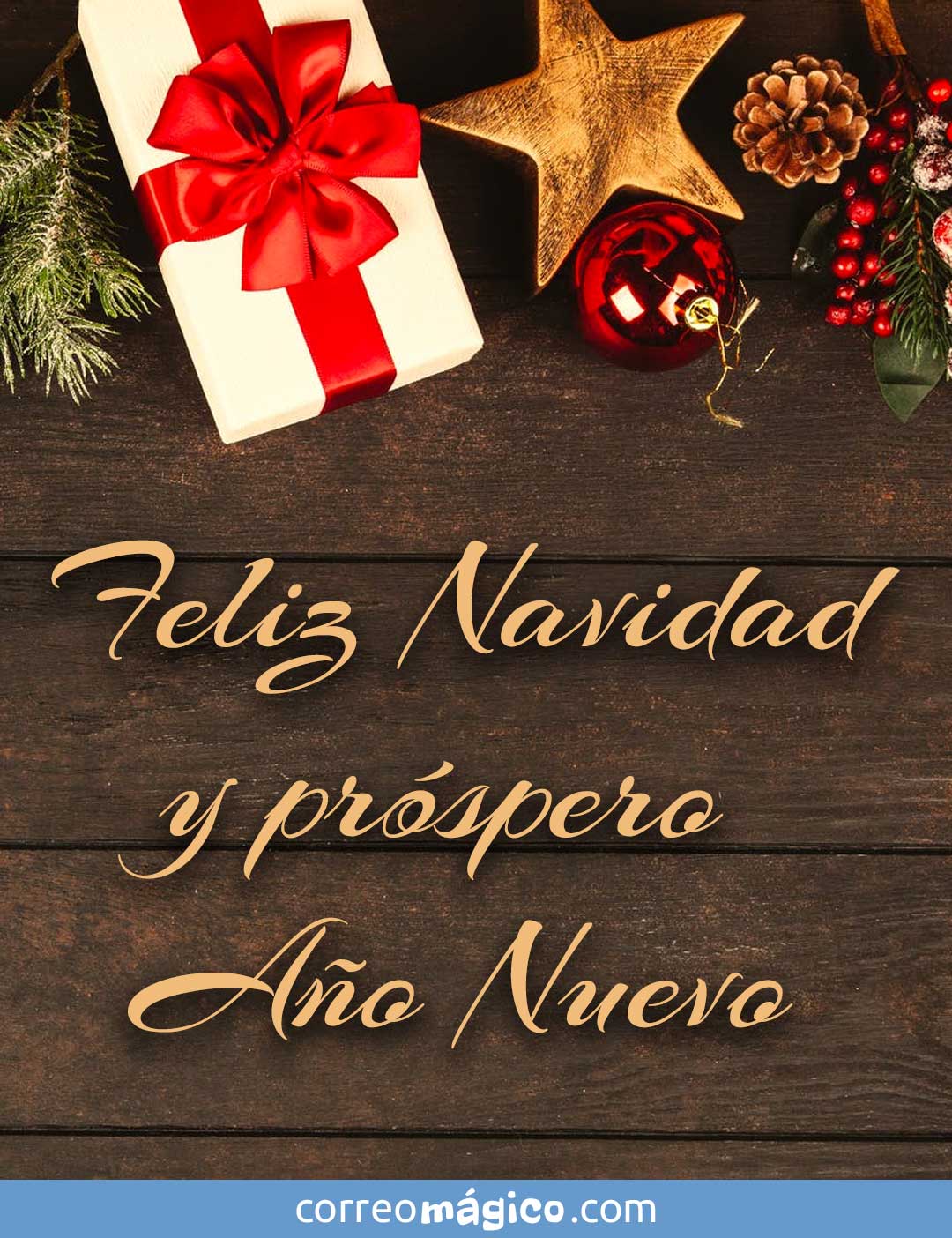 Tarjeta de Navidad. Feliz Navidad y próspero Año Nuevo, para compartir por  WhatsApp. navidad-madera