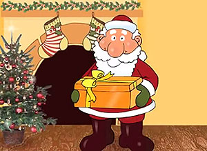 Tarjeta de Felices Fiestas para compartir. Papá Noel entrega tu regalo en mano