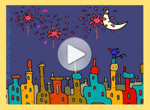 Tarjeta animada de Año Nuevo. fuegos sobre la ciudad