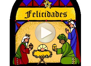 Tarjeta animada de Reyes Magos. Vitraux