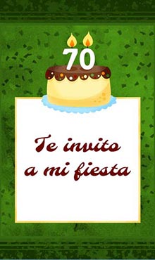 Tarjeta con torta para invitar a fiesta de cumpleaos de 70 aos. 
Texto: Te invito a mi fiesta