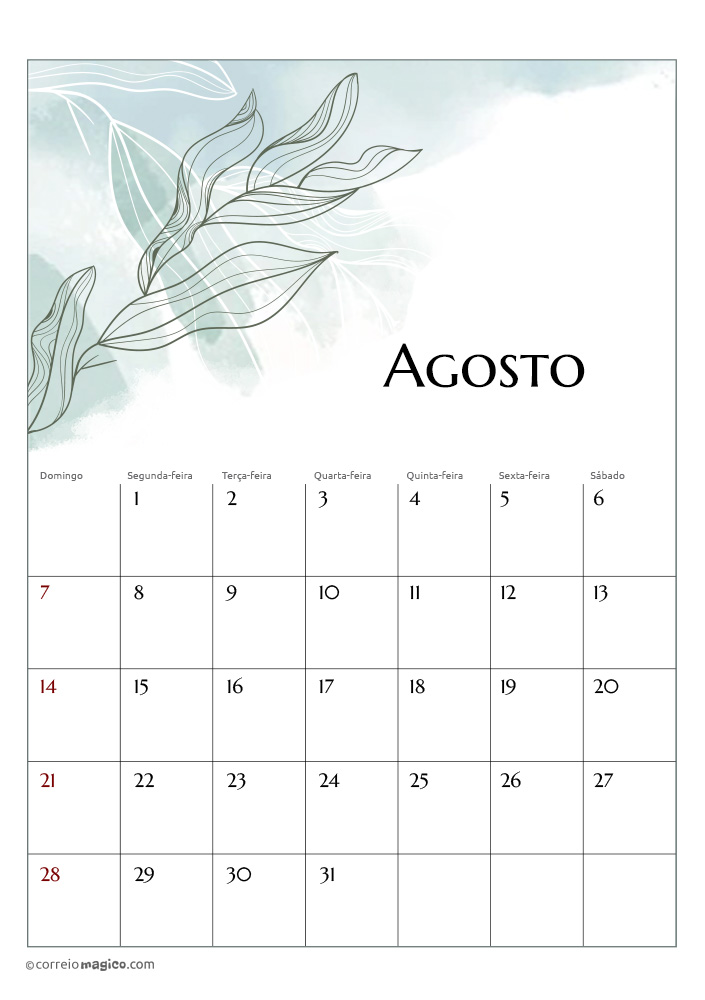 2021 calendar to personalize and print or share - Agosto - Calendário ...