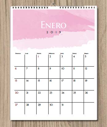 Calendario 2019 para imprimir. Acuarela