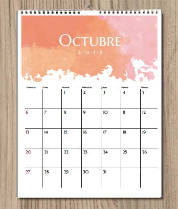 Calendario 2019 para imprimir. Acuarela