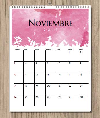 Calendario 2019 para imprimir. Acuarela