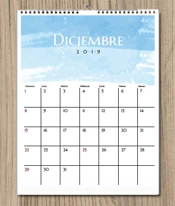 Calendario 2019 para imprimir. Acuarela