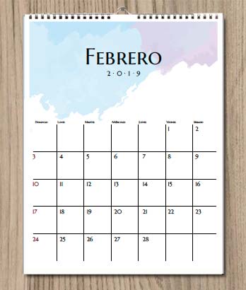 Calendario 2019 para imprimir. Acuarela