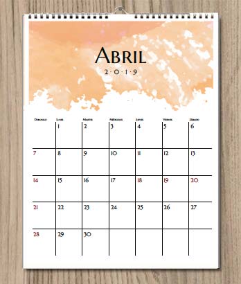 Calendario 2019 para imprimir. Acuarela