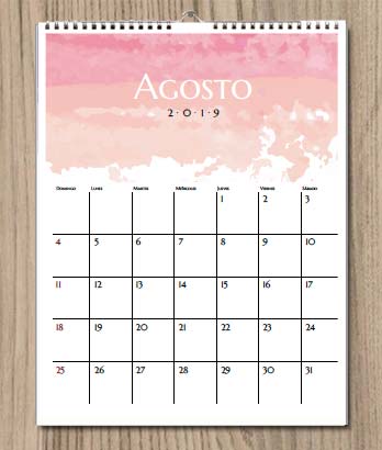 Calendario 2019 para imprimir. Acuarela