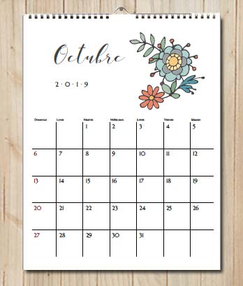 Calendario 2019 para imprimir. Primavera