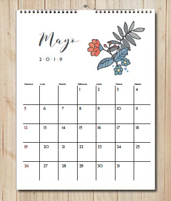 Calendario 2019 para imprimir. Primavera