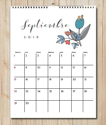 Calendario 2019 para imprimir. Primavera