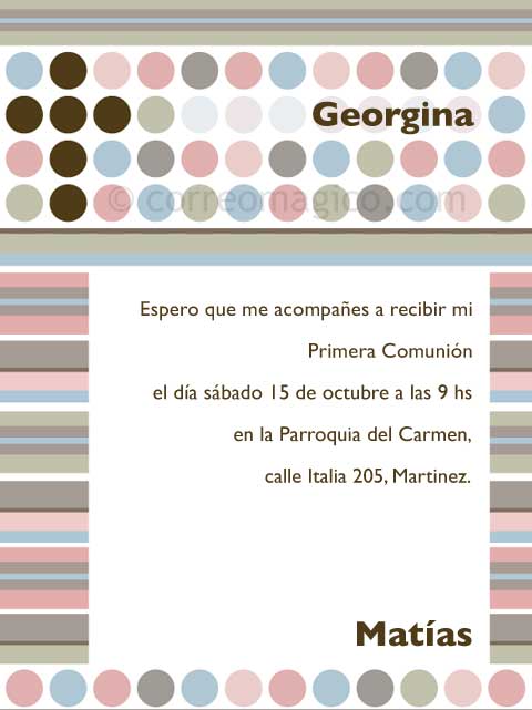 4 invitaciones, con souvenirs haciendo juego<br>
(aprox. 9 x 12 cm). invcomunion_circulos