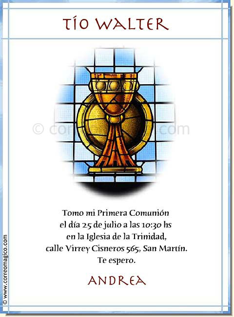 4 invitaciones, con souvenirs haciendo juego<br>
(aprox. 9 x 12 cm). invcomunion_vitral